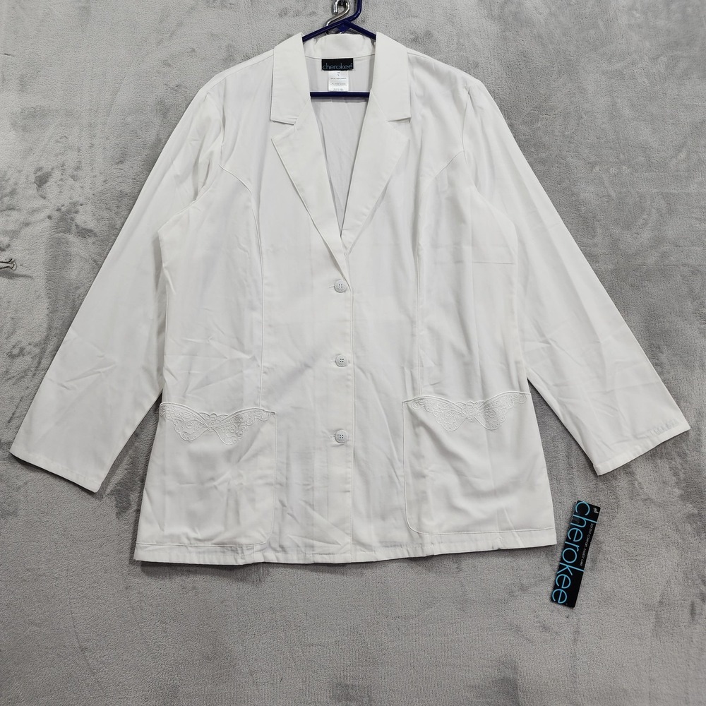 NEW Cherokee Jacket Womens L White Twill Lace Embroidered Pockets Medical Work